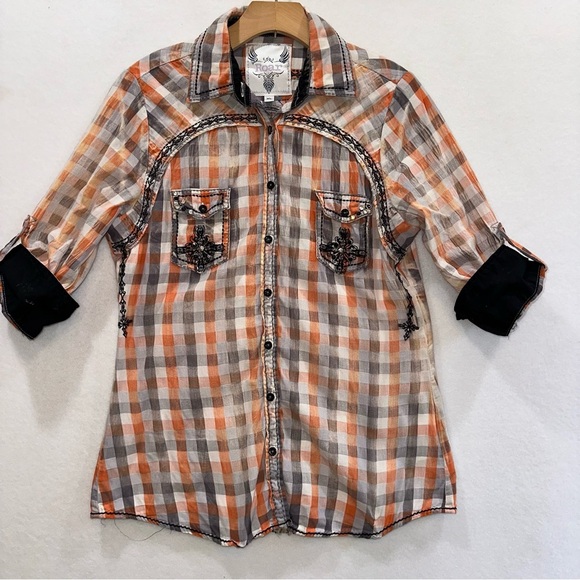 Roar Orange Faded Plaid Embellished Embroidered Button Front 3/4 Sleeve Top XL - Picture 1 of 13